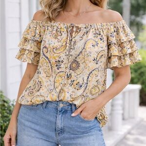 CeCe Top S Off Shoulder Floral Paisley Ruffle Sleeve Lined Blouse Boho Peasant